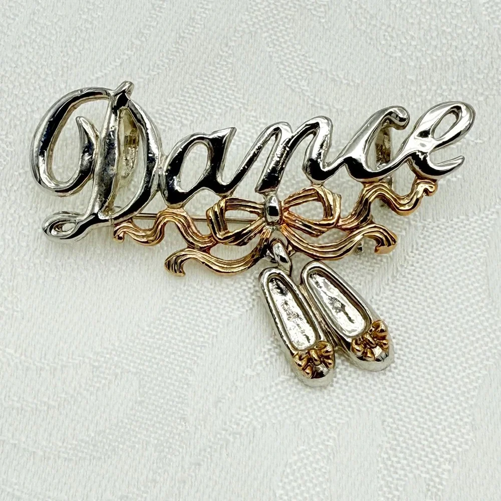 Vintage Mixed Silver and Gold Tone DANCE Bow Ballet Slippers Pin Brooch Pendant